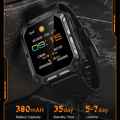 "Rugged men's smartwatch with black anodized stainless steel case and robust gorilla glass screen, ideal for extreme conditio
