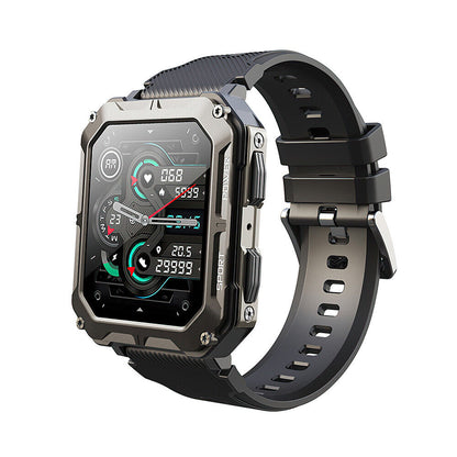 "Rugged men's smartwatch with black anodized stainless steel case and robust gorilla glass screen, ideal for extreme conditio