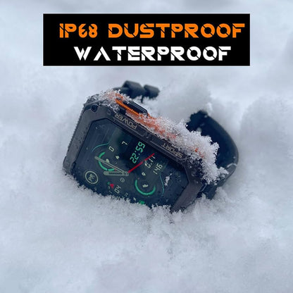 "Rugged men's smartwatch with black anodized stainless steel case and robust gorilla glass screen, ideal for extreme conditio