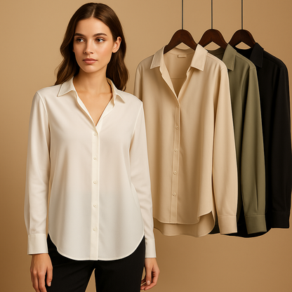 Satin blouse with collar for women featuring a soft sheen, elegant buttons, and smooth drape for work or evening wear.