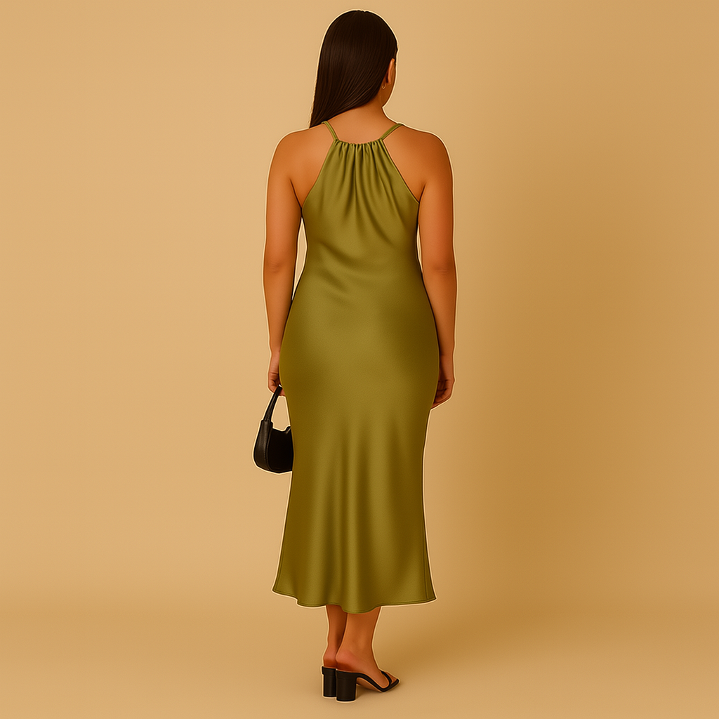Green satin wrap dress with long sleeves for women, designed for weddings, parties, and elegant evening events with a refined silhouette.