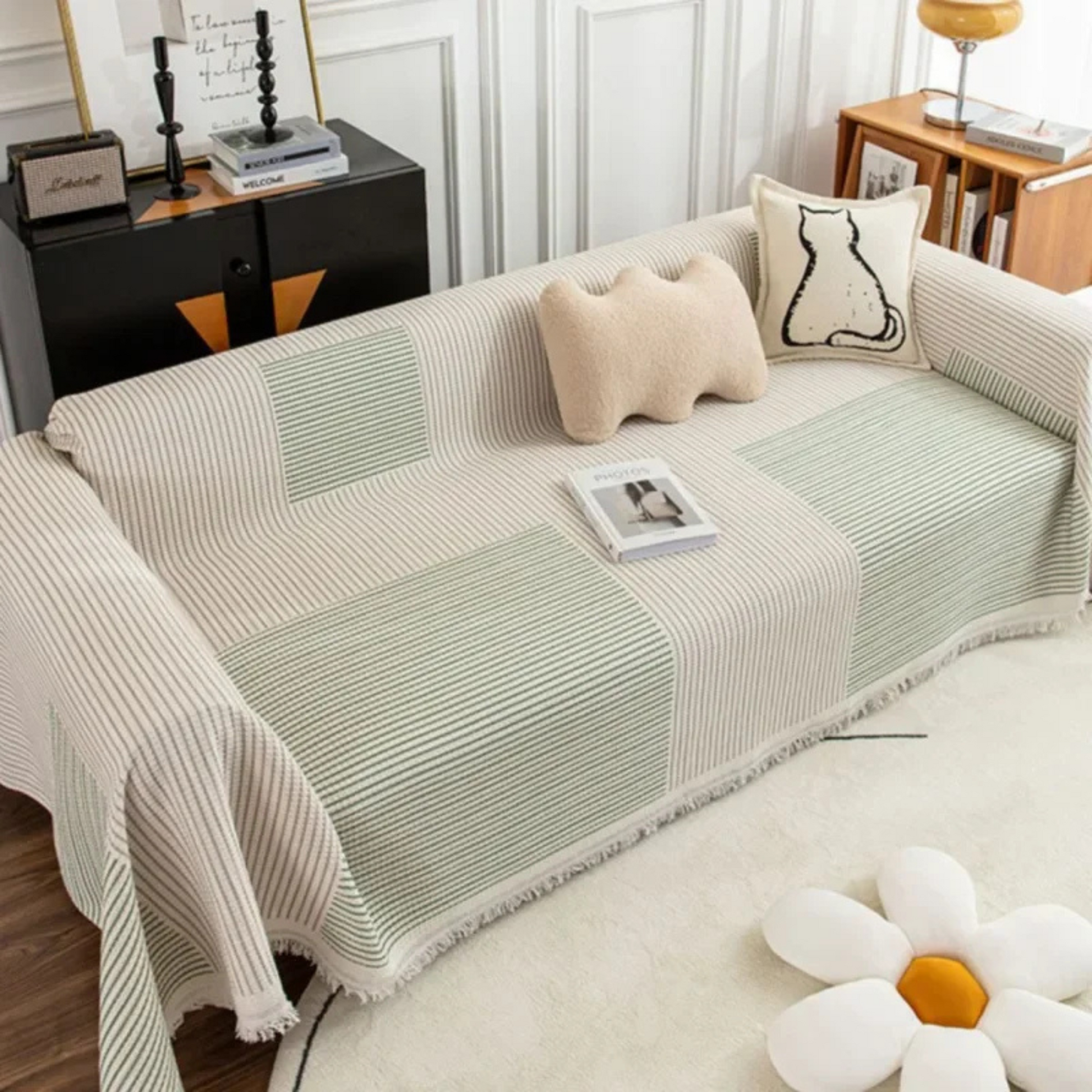 Scandinavian throw blanket with tassel edge, soft texture, cozy Nordic style, perfect for sofa decor and protection.