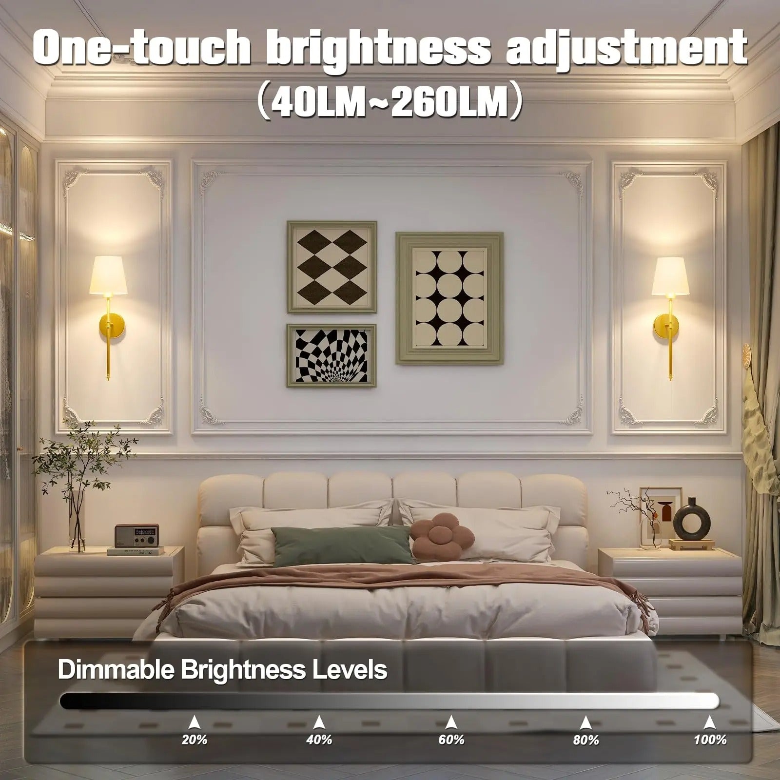 "Set of 2 modern wireless battery wall sconces with sleek metal body and fabric shade, ideal for living room or bedroom."
