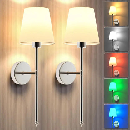 "Set of 2 modern wireless battery wall sconces with sleek metal body and fabric shade, ideal for living room or bedroom."