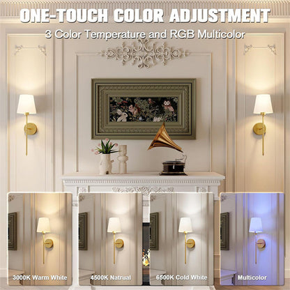 "Set of 2 modern wireless battery wall sconces with sleek metal body and fabric shade, ideal for living room or bedroom."