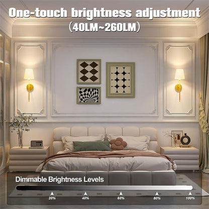 "Set of 2 modern wireless battery wall sconces with sleek metal body and fabric shade, ideal for living room or bedroom."