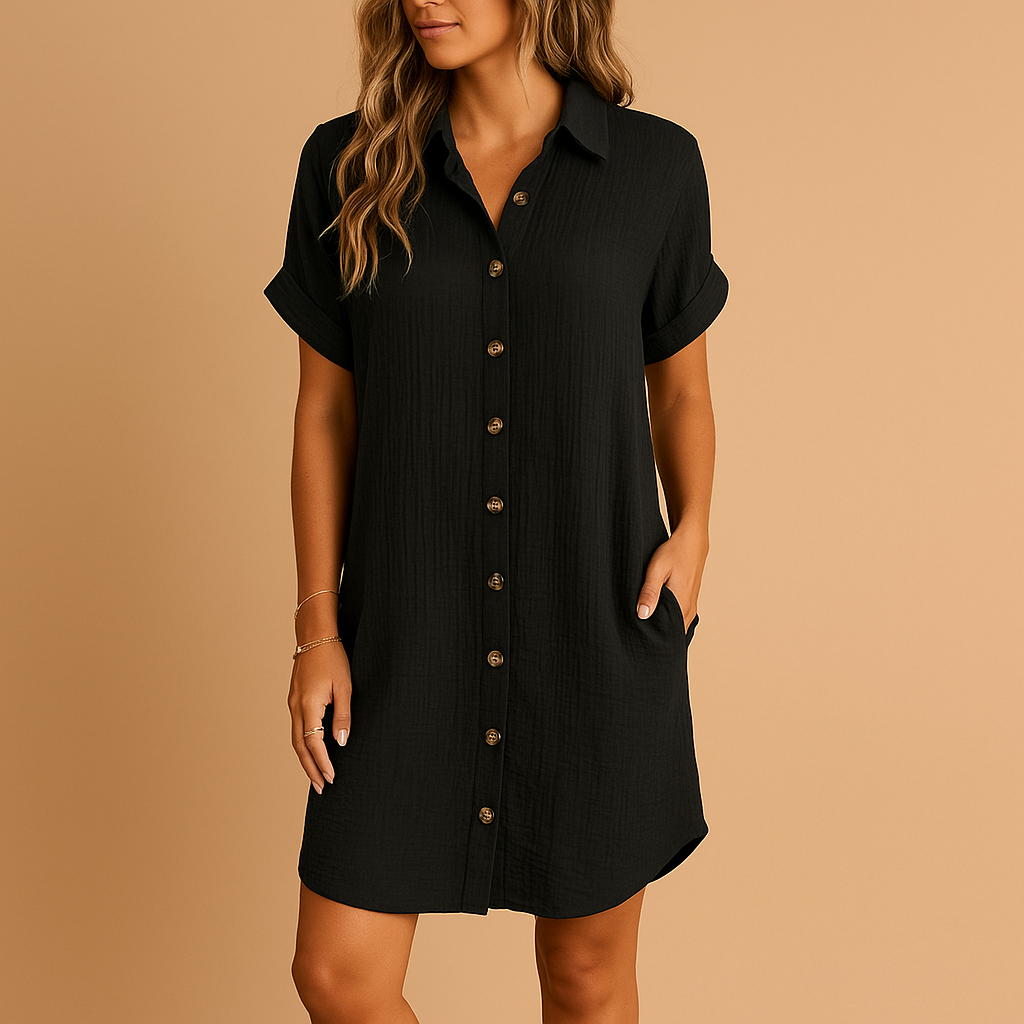 Airy shirt-style midi dress for women with button closure and belt detail, ideal for warm summer days, holidays, and casual outings.