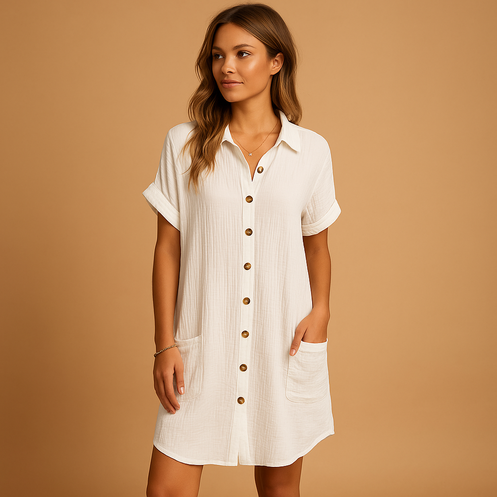 Airy shirt-style midi dress for women with button closure and belt detail, ideal for warm summer days, holidays, and casual outings.