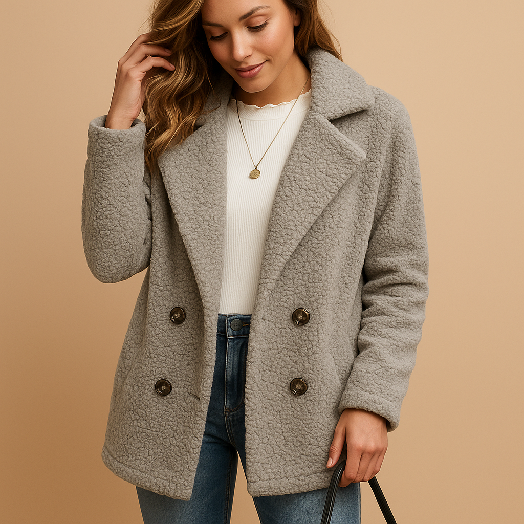 Short winter jacket for women with button closure in white, caramel, grey, and coffee—ideal for cold days and stylish everyday outfits