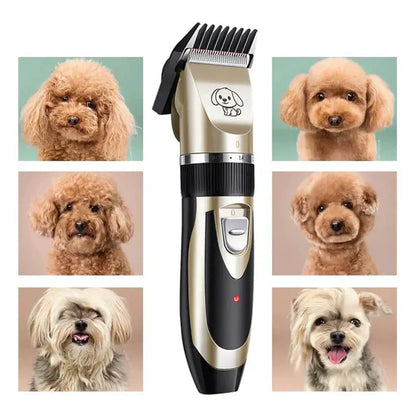"Silent dog grooming trimmer set with adjustable combs; quiet ergonomic design, multiple attachments for all fur types."