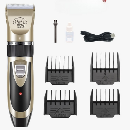 "Silent dog grooming trimmer set with adjustable combs; quiet ergonomic design, multiple attachments for all fur types."