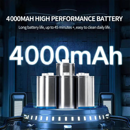 "Silver cordless car vacuum cleaner with 95000Pa suction, sleek and lightweight for efficient car and home cleaning."