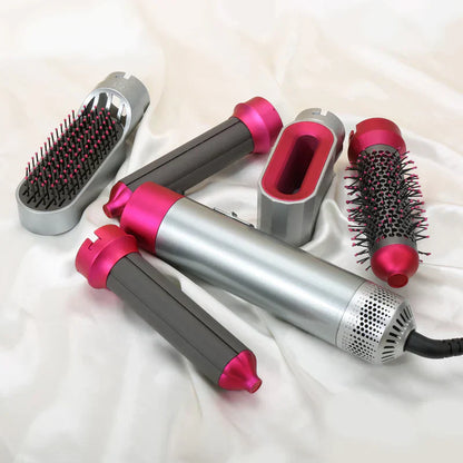"Sleek 5-in-1 hair styler with attachments for curling, straightening, and drying; compact design, fits all hair types."