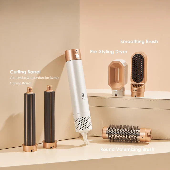 "Sleek 5-in-1 hair styler with attachments for curling, straightening, and drying; compact design, fits all hair types."