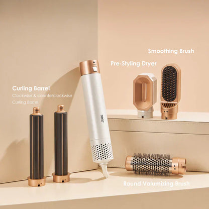 "Sleek 5-in-1 hair styler with attachments for curling, straightening, and drying; compact design, fits all hair types."