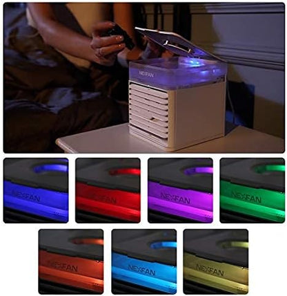 "Sleek compact portable air conditioner fan with white and grey finish, ideal for small spaces and efficient cooling."