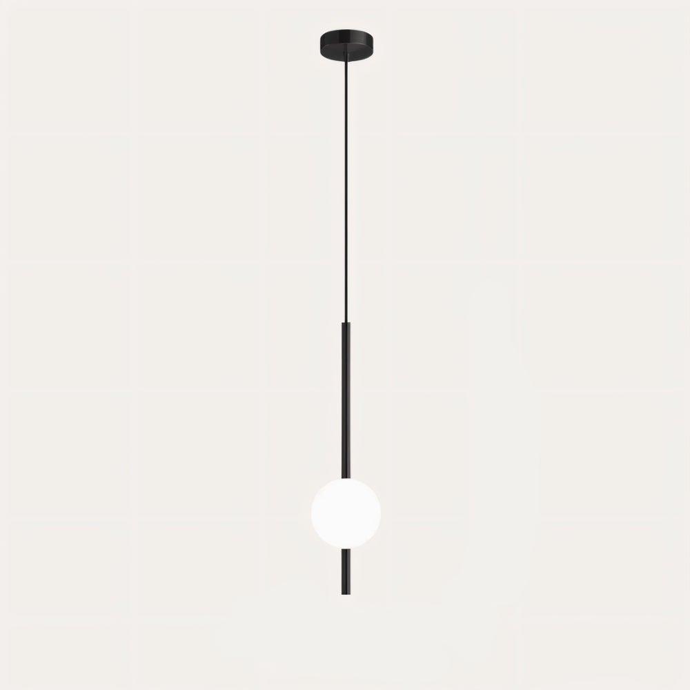 "Sleek glass ball Nordic pendant light with metal frame, LED bulb; available in black or brass, perfect for modern decor."