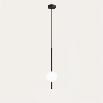 "Sleek glass ball Nordic pendant light with metal frame, LED bulb; available in black or brass, perfect for modern decor."