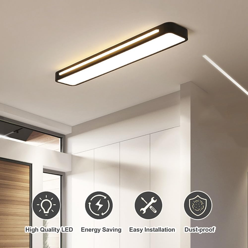 "Sleek minimalist linear LED ceiling light with iron and acrylic design, perfect for modern homes, available in three sizes."