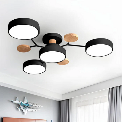 "Sleek modern halo LED semi-flush ceiling light, iron and acrylic build, perfect for contemporary living rooms or bedrooms."