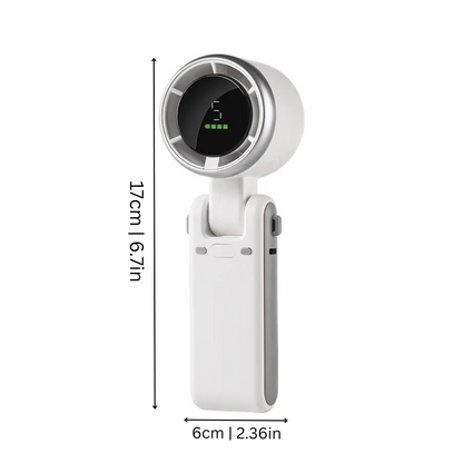 "Sleek portable turbo fan with adjustable speeds, foldable design, and lightweight build, perfect for instant cooling on-the-