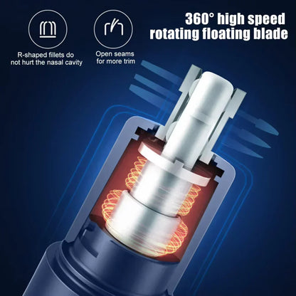 "Sleek rechargeable nose & ear trimmer for men, ergonomic design, powerful motor, dual-edge, cordless, travel-ready."