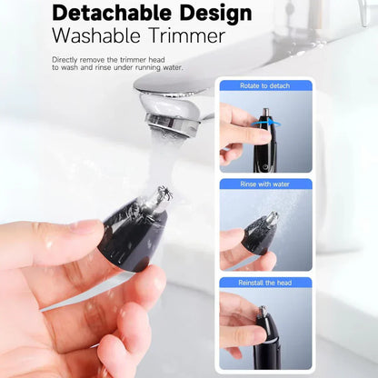 "Sleek rechargeable nose & ear trimmer for men, ergonomic design, powerful motor, dual-edge, cordless, travel-ready."
