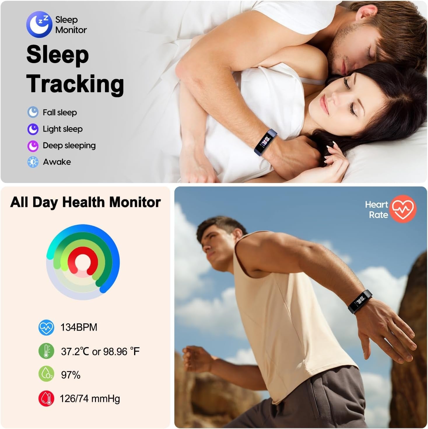 "Sleek smartwatch with optical sensors for heart rate, blood pressure tracking, black strap, rectangular touchscreen display.