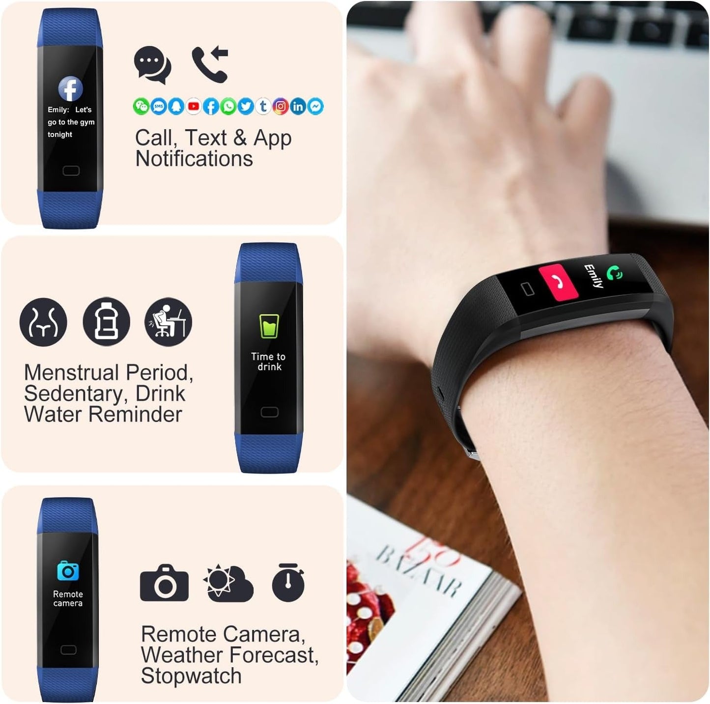 "Sleek smartwatch with optical sensors for heart rate, blood pressure tracking, black strap, rectangular touchscreen display.