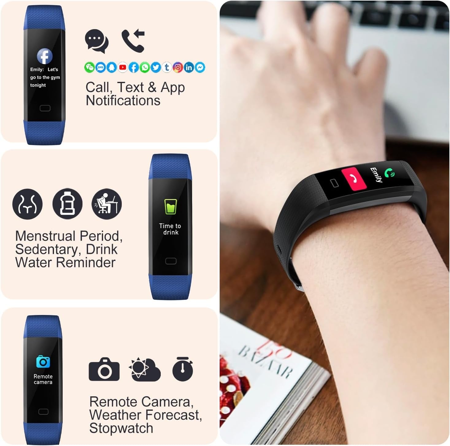 "Sleek smartwatch with optical sensors for heart rate, blood pressure tracking, black strap, rectangular touchscreen display.