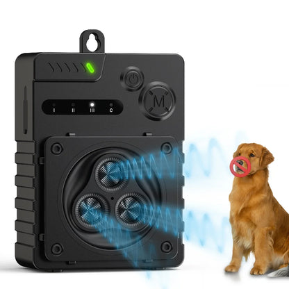 Sleek ultrasonic dog bark deterrent for indoor/outdoor use, compact design, weatherproof, ideal for pet training.