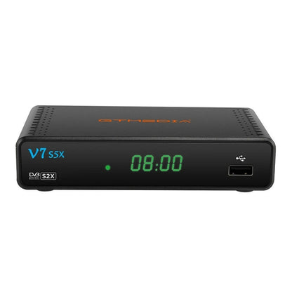 "Sleek V7 S5X HD Freeview Box Recorder, compact design, black finish, 1080p HD output, fits any living room setup."