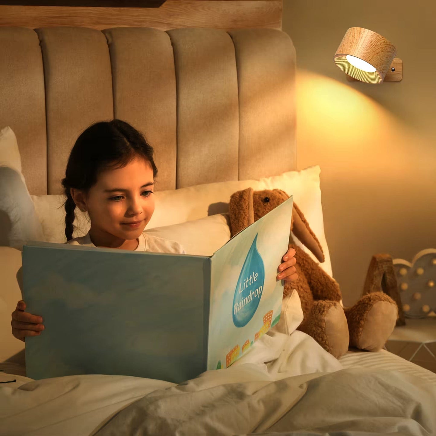 "Sleek wireless rechargeable wall light with magnetic mount and 360° rotation for modern home interiors."