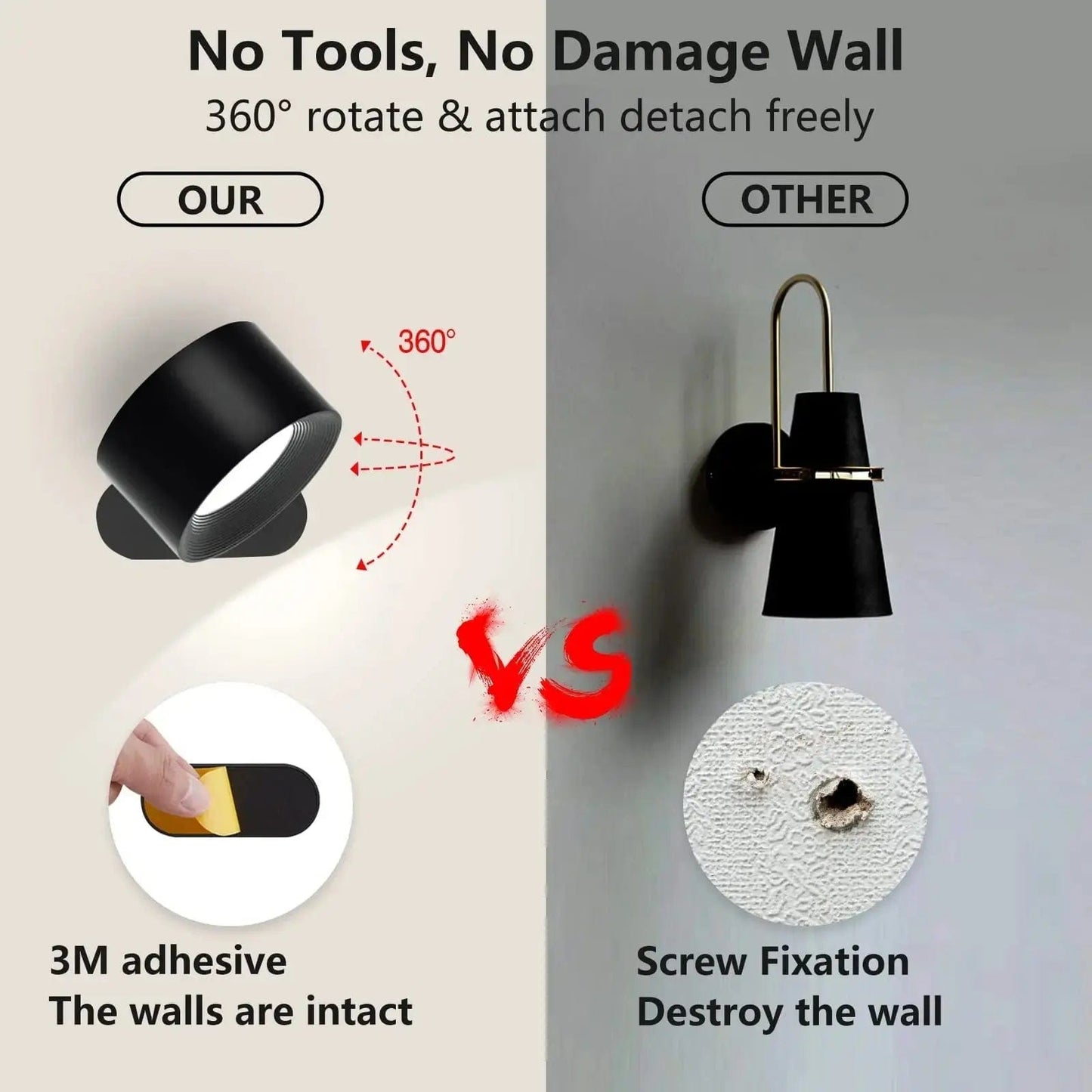 "Sleek wireless rechargeable wall light with magnetic mount and 360° rotation for modern home interiors."