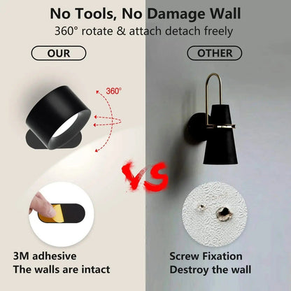 "Sleek wireless rechargeable wall light with magnetic mount and 360° rotation for modern home interiors."