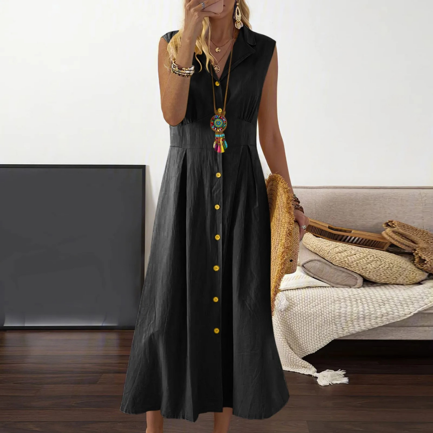 Sleeveless A-Line V-neck midi dress with collared neckline and button-down front, ideal for versatile, elegant styling.