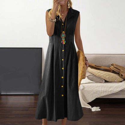 Sleeveless A-Line V-neck midi dress with collared neckline and button-down front, ideal for versatile, elegant styling.