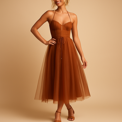 Elegant chiffon maxi dress for women with sleeveless design and tulle overlay, perfect for weddings, formal parties, and special events.