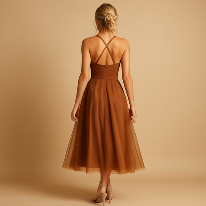 Elegant chiffon maxi dress for women with sleeveless design and tulle overlay, perfect for weddings, formal parties, and special events.