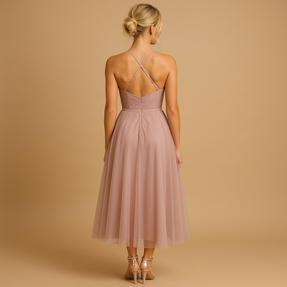 Elegant chiffon maxi dress for women with sleeveless design and tulle overlay, perfect for weddings, formal parties, and special events.