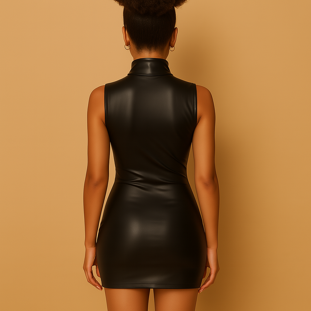 Women’s sleeveless faux leather mini dress with a high neckline and bodycon fit, available in red and black for bold evening looks.