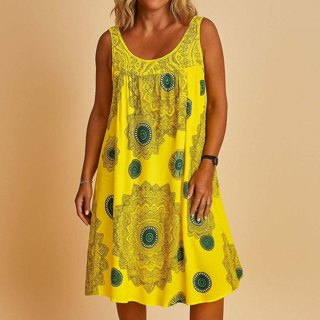 Sleeveless summer dress for women with colourful print and light fit, perfect for holidays, events, and warm days out.