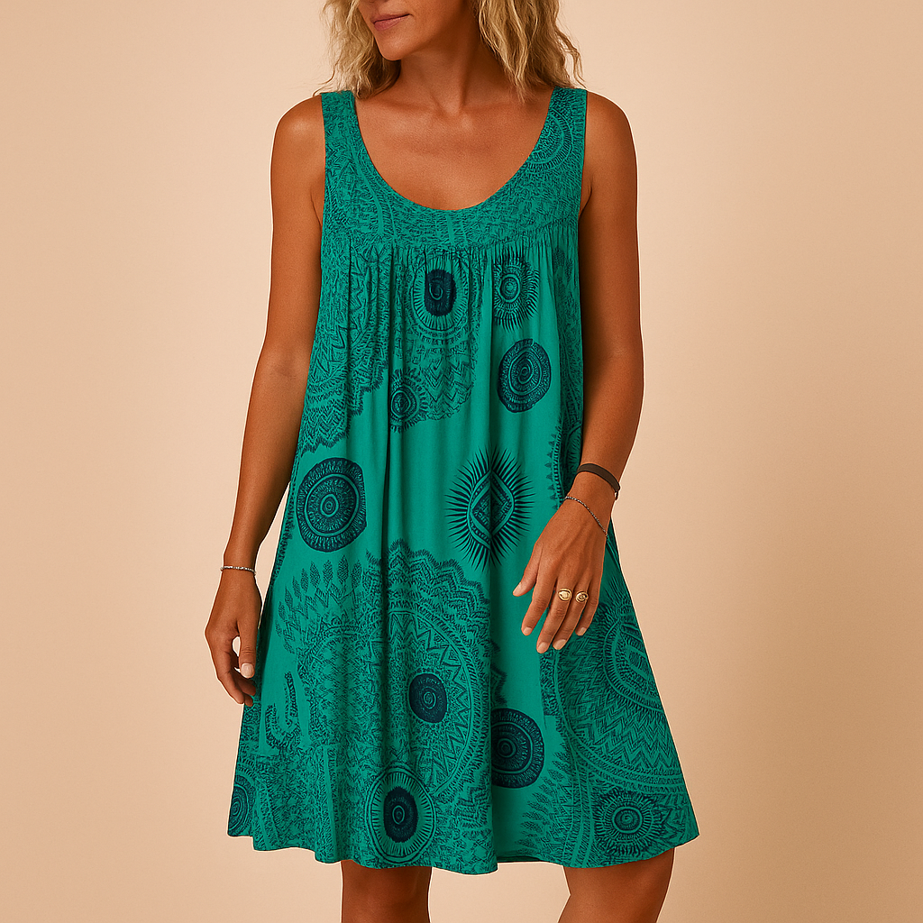 Sleeveless summer dress for women with colourful print and light fit, perfect for holidays, events, and warm days out.