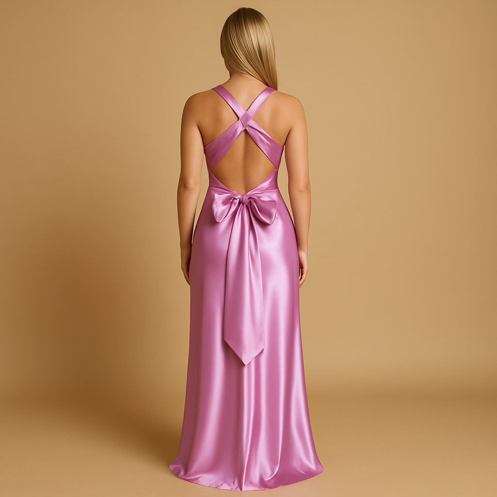 Sleeveless satin halter evening dress for women with twist neckline and fitted bodice, ideal for weddings, parties, and formal events.