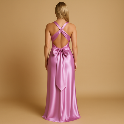 Sleeveless satin halter evening dress for women with twist neckline and fitted bodice, ideal for weddings, parties, and formal events.