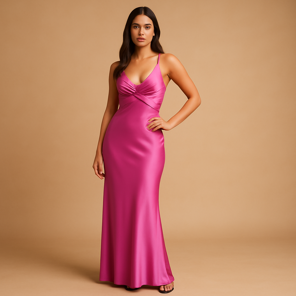 Sleeveless satin halter evening dress for women with twist neckline and fitted bodice, ideal for weddings, parties, and formal events.