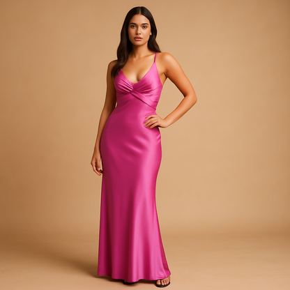Sleeveless satin halter evening dress for women with twist neckline and fitted bodice, ideal for weddings, parties, and formal events.