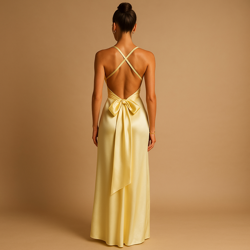 Sleeveless satin halter evening dress for women with twist neckline and fitted bodice, ideal for weddings, parties, and formal events.