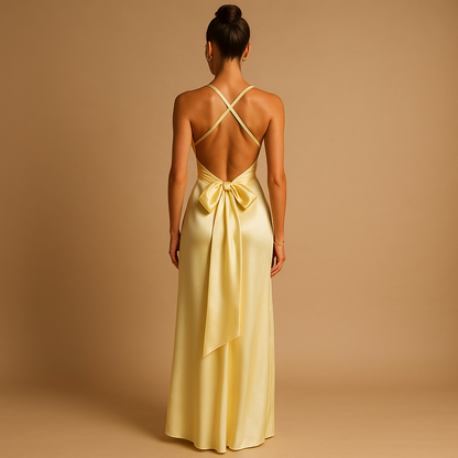 Sleeveless satin halter evening dress for women with twist neckline and fitted bodice, ideal for weddings, parties, and formal events.
