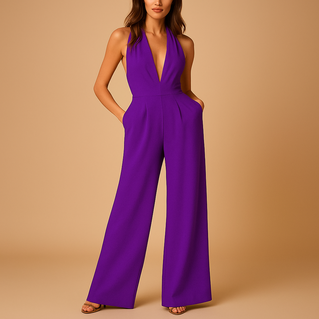 Elegant sleeveless jumpsuit for women with deep V-neck and wide-leg silhouette, perfect for chic parties and evening occasions.